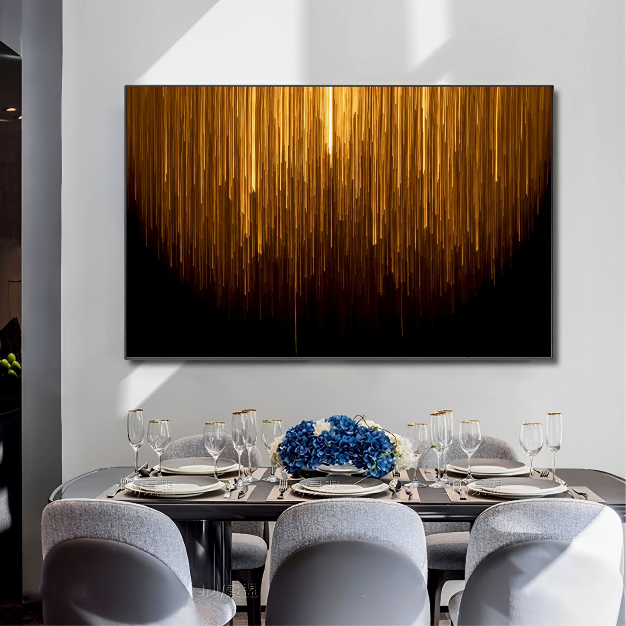 Quadro Decorativo Abstrato Linhas Douradas com Fundo Preto